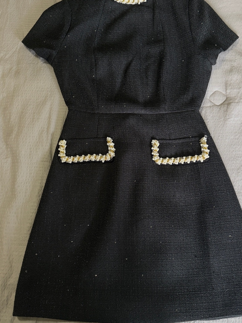Cider Black Tweed Short-Sleeve Dress with Pearl-Trim Pockets
